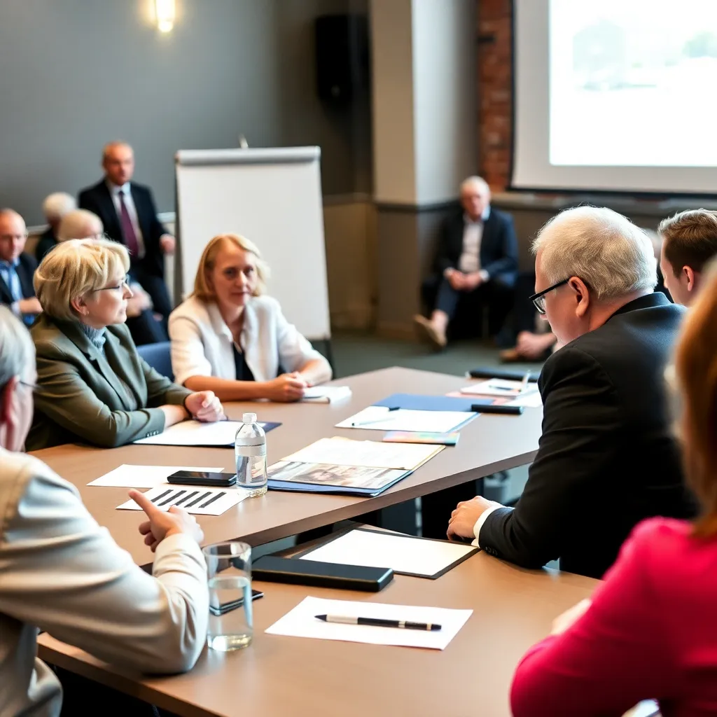 Eine Gruppe von Fachleuten sitzt an einem Konferenztisch und diskutiert. Auf dem Tisch liegen Unterlagen, Stifte und Wasser; im Hintergrund sind ein Bildschirm und ein Flipchart zu sehen.