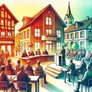 Eine farbenfrohe Illustration einer lebhaften Stadtratssitzung im Freien auf einem Dorfplatz, bei der Beamte und Bürger versammelt sind, hebt die Diskussionen über die Projekte des INSEK Colditz vor dem Hintergrund malerischer Gebäude und eines Kirchturms hervor.