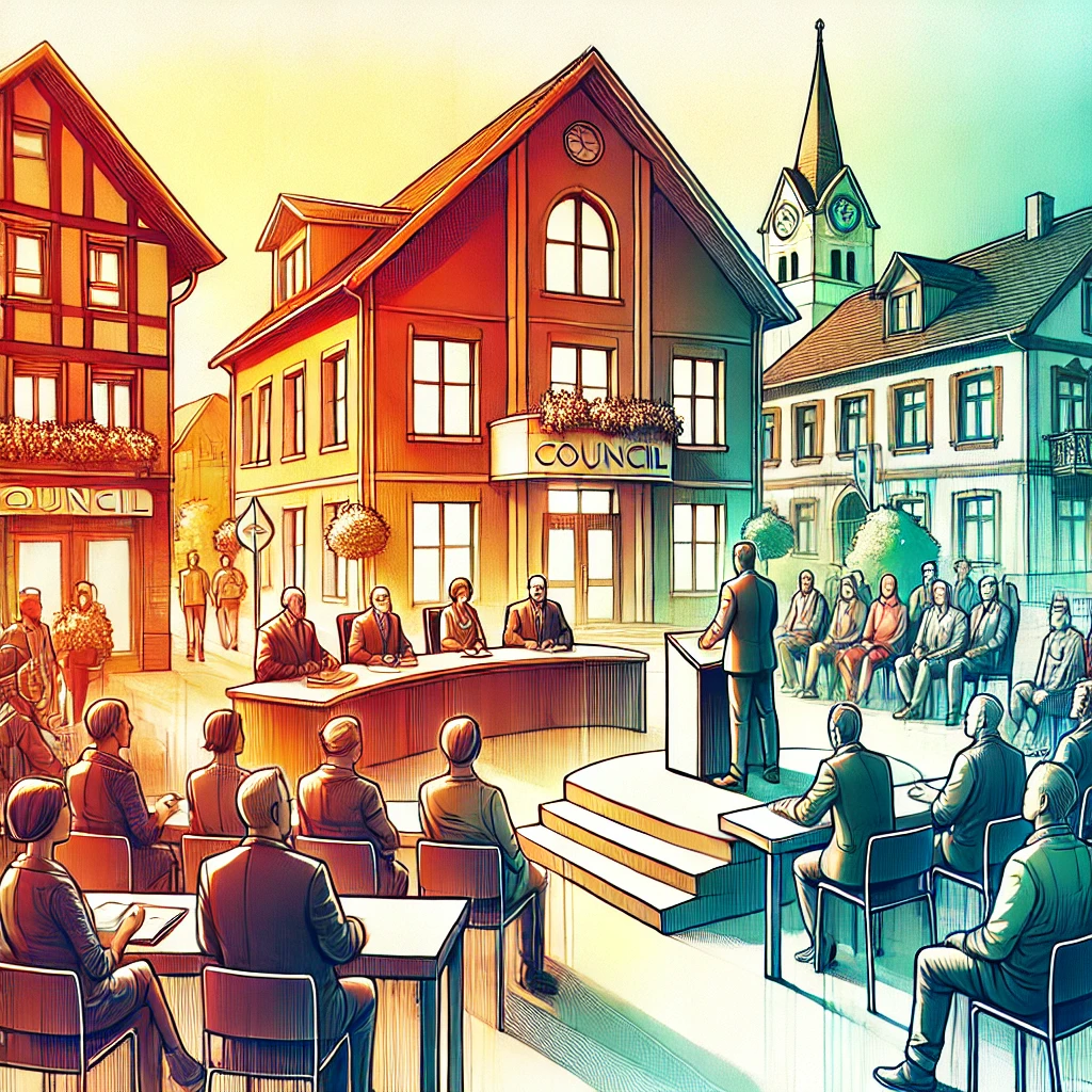 Eine farbenfrohe Illustration einer lebhaften Stadtratssitzung im Freien auf einem Dorfplatz, bei der Beamte und Bürger versammelt sind, hebt die Diskussionen über die Projekte des INSEK Colditz vor dem Hintergrund malerischer Gebäude und eines Kirchturms hervor.