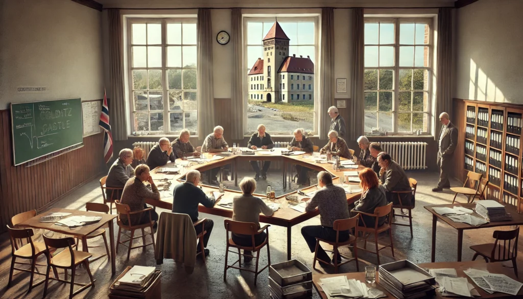 In einem sonnendurchfluteten Raum in Colditz sitzt eine Gruppe von Menschen um einen großen Tisch und diskutiert. Papiere und Akten bedecken den Tisch, während der Verwaltungsausschuss Busverbindungen prüft. Große Fenster geben den Blick auf ein schlossähnliches Gebäude frei, Bücherregale säumen die Wände.