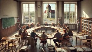 In einem sonnendurchfluteten Raum in Colditz sitzt eine Gruppe von Menschen um einen großen Tisch und diskutiert. Papiere und Akten bedecken den Tisch, während der Verwaltungsausschuss Busverbindungen prüft. Große Fenster geben den Blick auf ein schlossähnliches Gebäude frei, Bücherregale säumen die Wände.