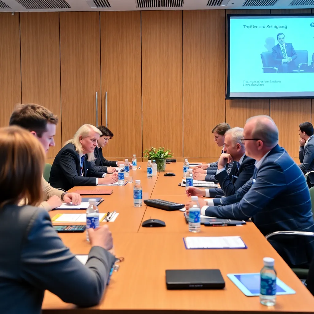 Geschäftsleute in formeller Kleidung sitzen während einer Besprechung an gegenüberliegenden Seiten eines Konferenztisches. Auf dem Tisch befinden sich Wasserflaschen, Notebooks und Geräte. Auf einem Bildschirm im Hintergrund wird eine Präsentation gezeigt.