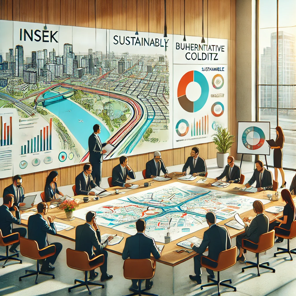 Eine Gruppe von Fachleuten aus der Wirtschaft diskutiert in einem modernen Konferenzraum über Stadtplanung, wobei große Diagramme, Karten und Nachhaltigkeitsdaten auf Bildschirmen und am Tisch angezeigt werden.