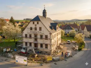 Ein großes historisches Gebäude, das gerade renoviert wird, umgeben von Gerüsten und Baugeräten, mit anwesenden Arbeitern. Das Gebäude trägt die Aufschrift "Städtische Krone" und liegt an einer Ecke in einem malerischen Dorf mit blühenden Bäumen.