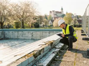 Ein Bauarbeiter, der einen weißen Helm und eine gelbe Sicherheitsweste trägt, untersucht und notiert beschädigte Beckenstufen in einem leeren Freibad, mit Bäumen und Gebäuden im Hintergrund.