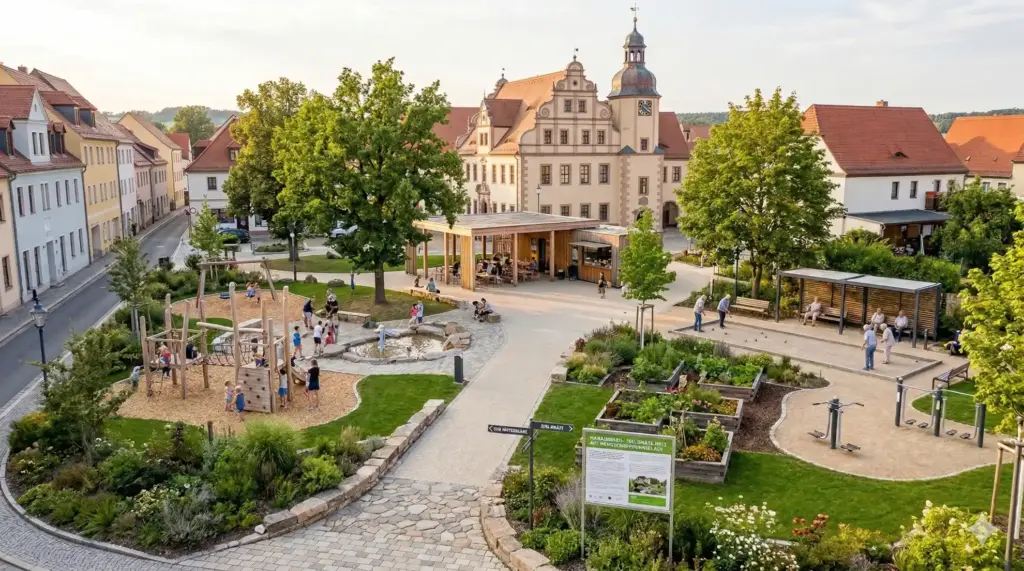 Ein Stadtplatz mit Gärten, Spazierwegen, einem Spielplatz und Bänken, umgeben von historischen Gebäuden; Menschen flanieren, spielen und entspannen an einem sonnigen Tag.